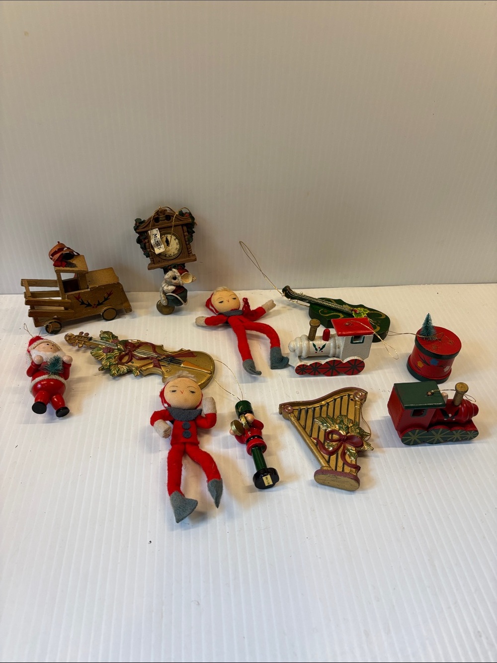 Vintage Classic Red Elf and Toy Train Holiday Ornament Set
